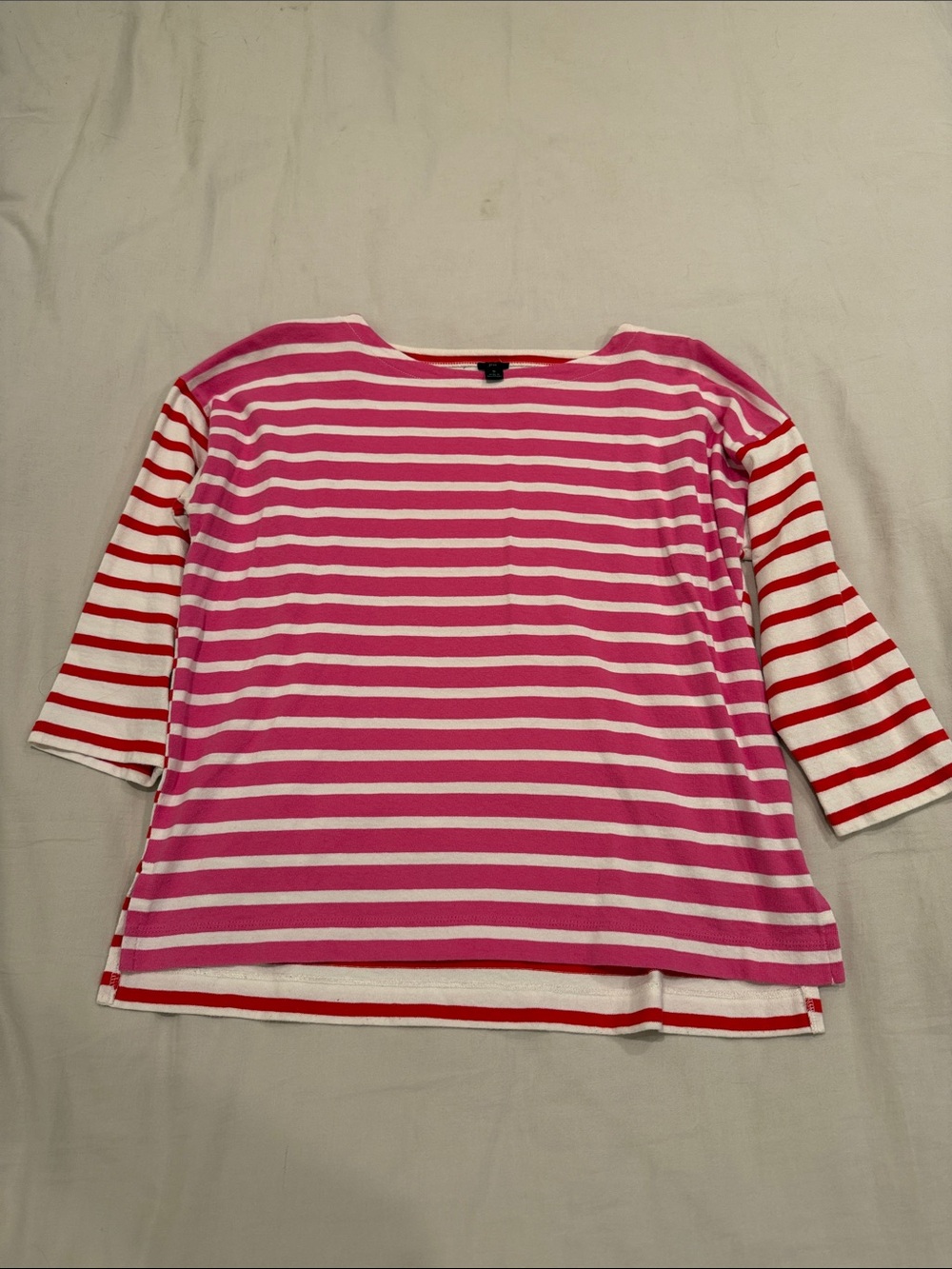 J. Crew Pink and White Striped Boatneck Top with Red-Accent Sleeves